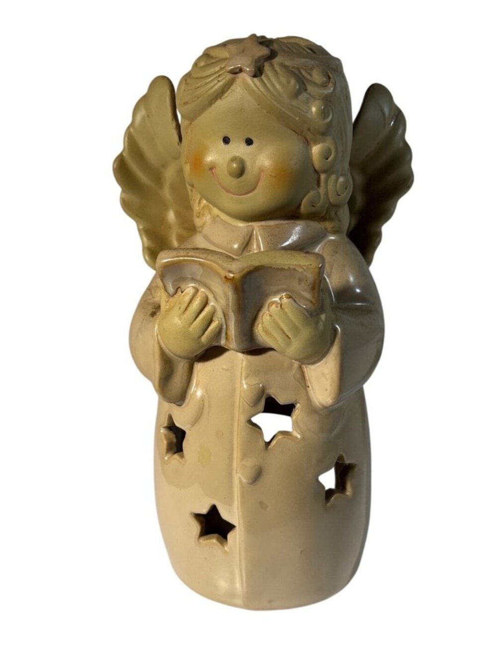 Ceramic Angel Tea Light Candle Holder Caroler Star Cutouts 7.5 Inches Tall